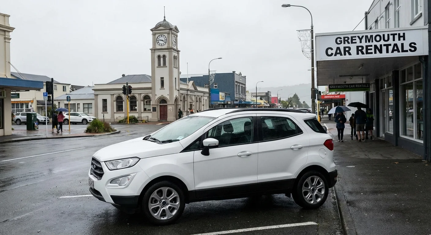 Rental Cars Greymouth | Reliable Car Hire West Coast NZ 1 Small rental car parked in Greymouth town center with mountain backdrop