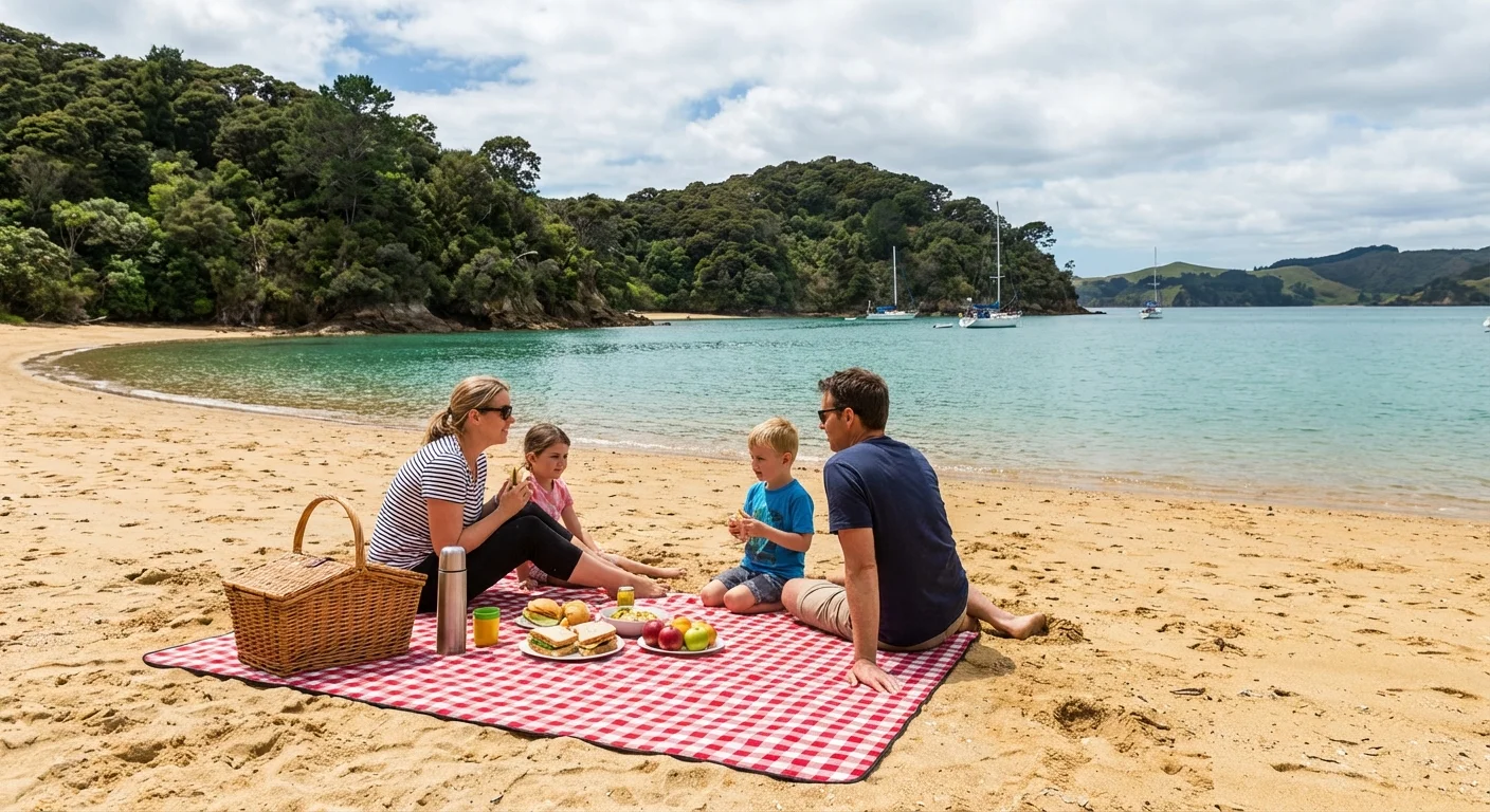 Family enjoying picnic on sandy beach at Schoolhouse Bay, Kawau Island