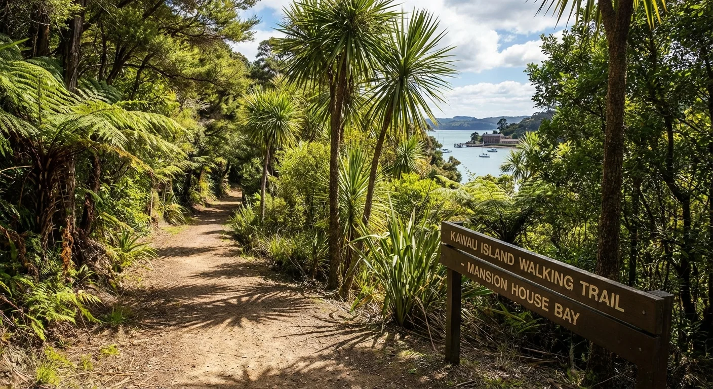 Walking trail through native kanuka and manuka forest on Kawau Island