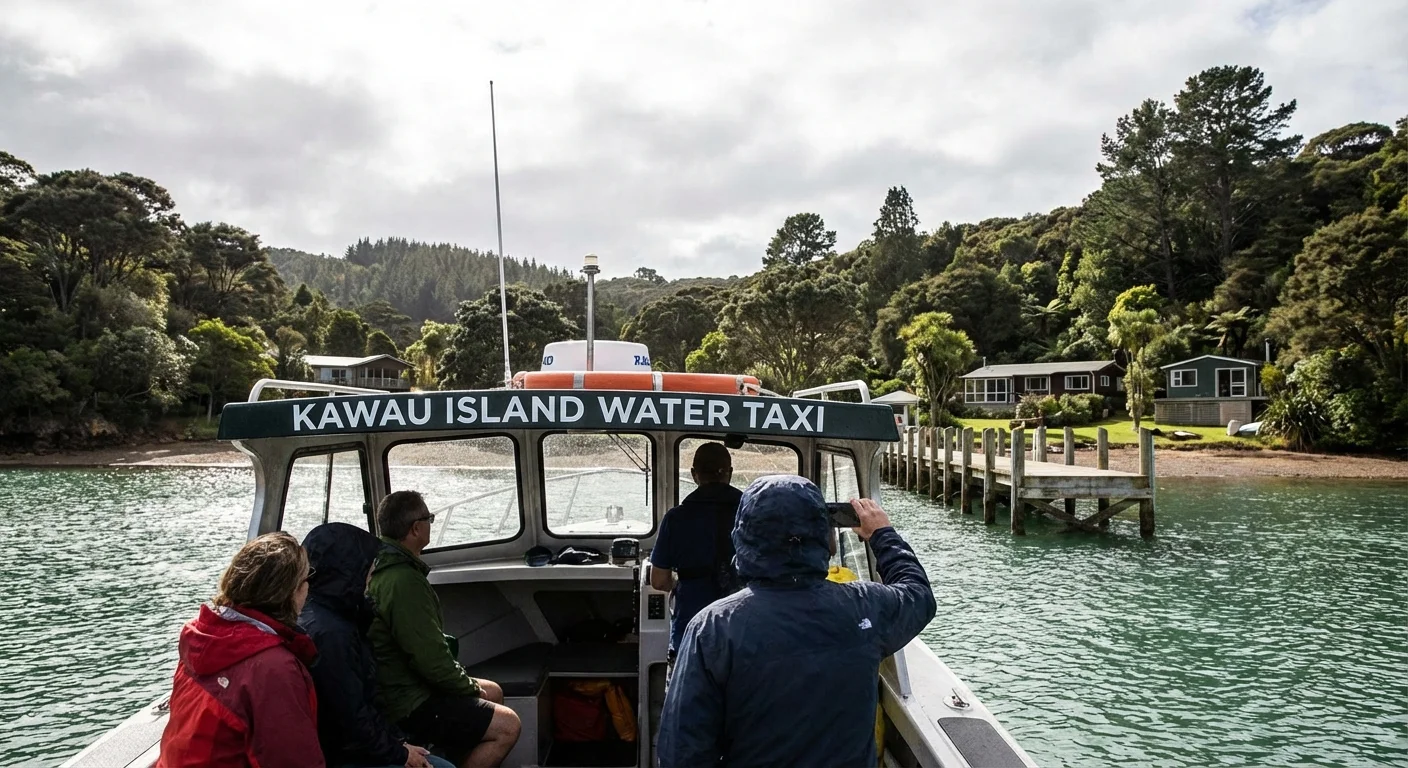 Water taxi approaching Bon Accord Harbour on Kawau Island on a sunny day
