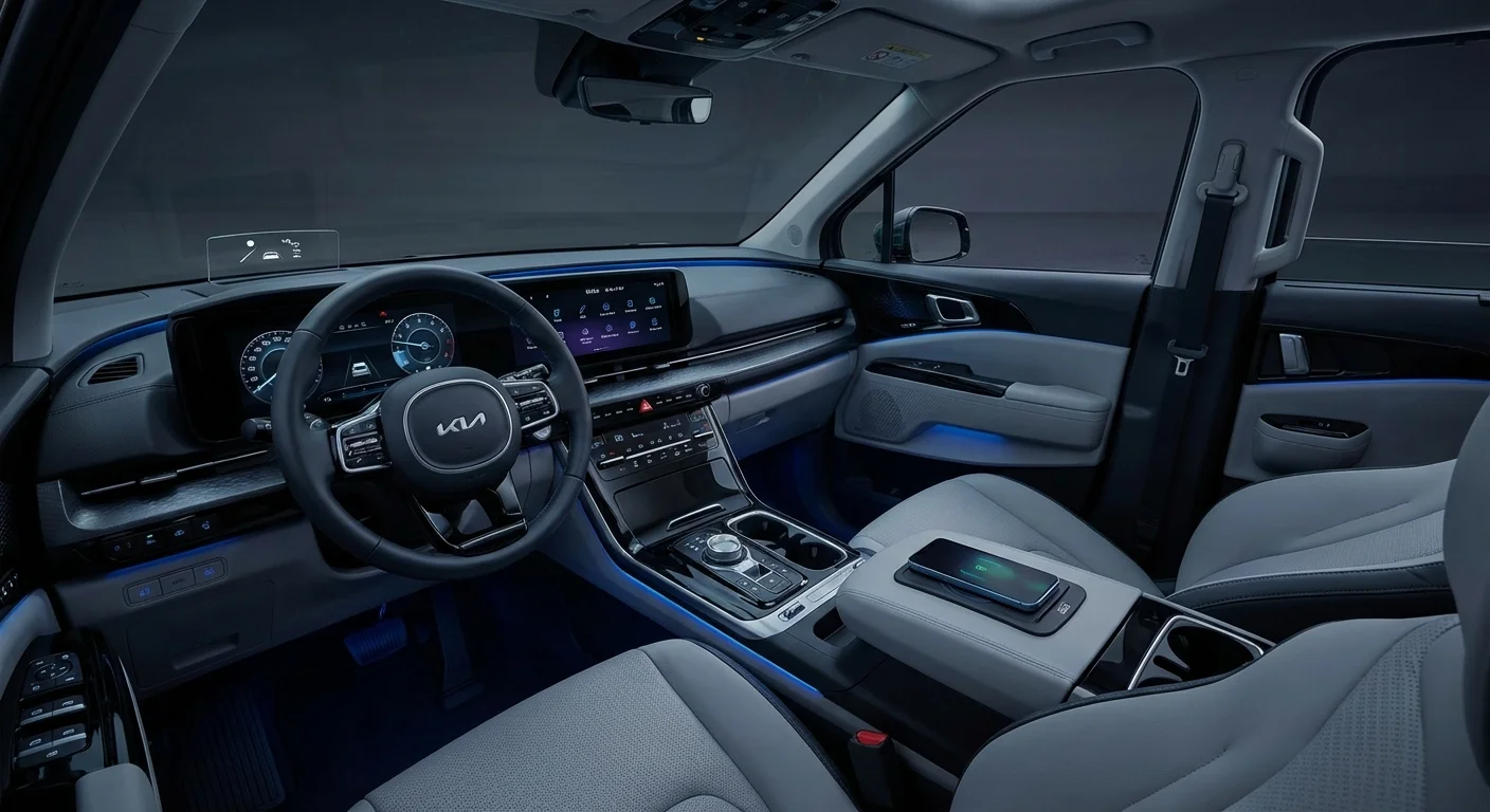 Kia Carnival interior dashboard showing infotainment system and seating