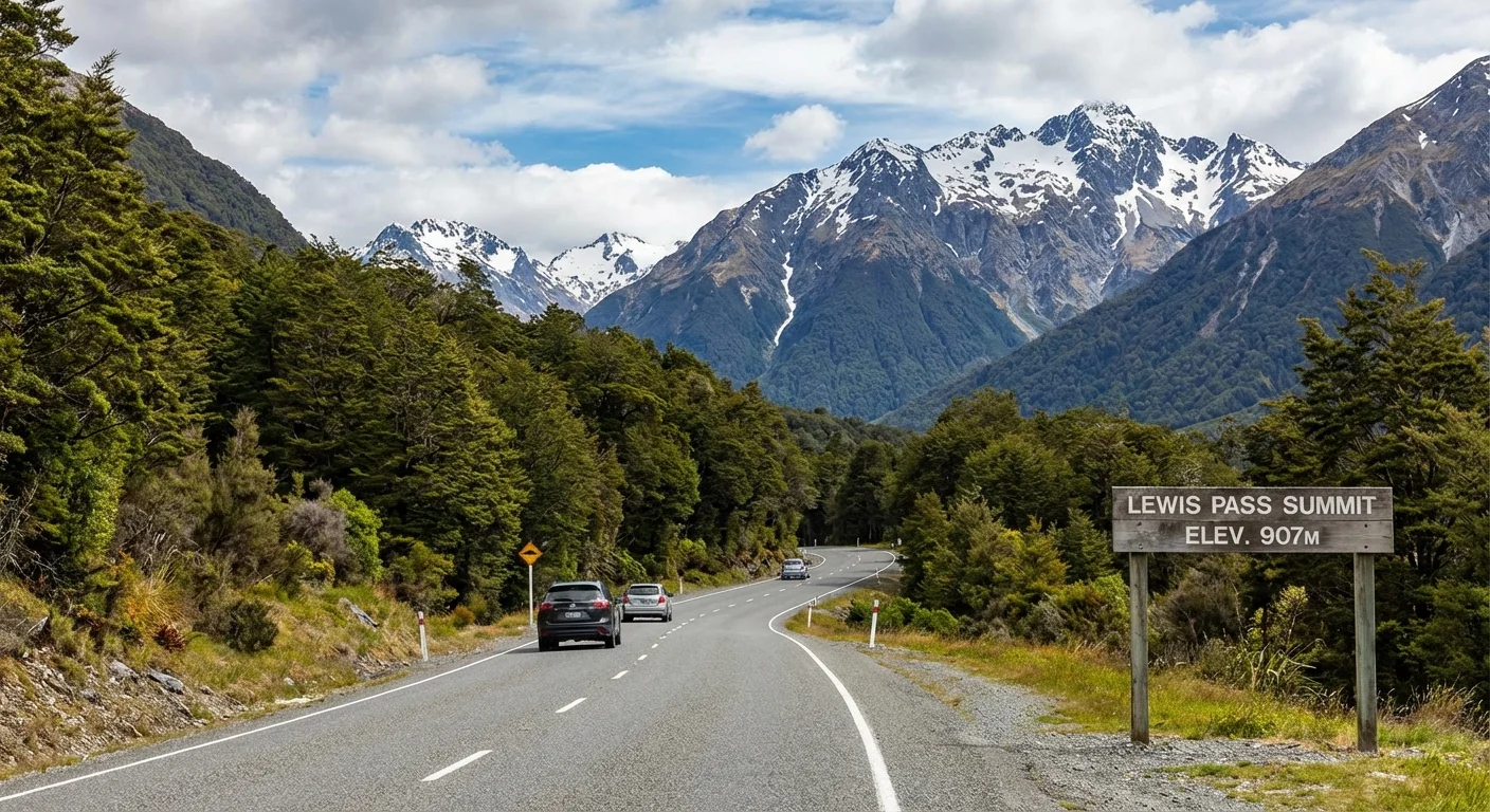 Scenic mountain road at Lewis Pass with lush green forest and clear sky