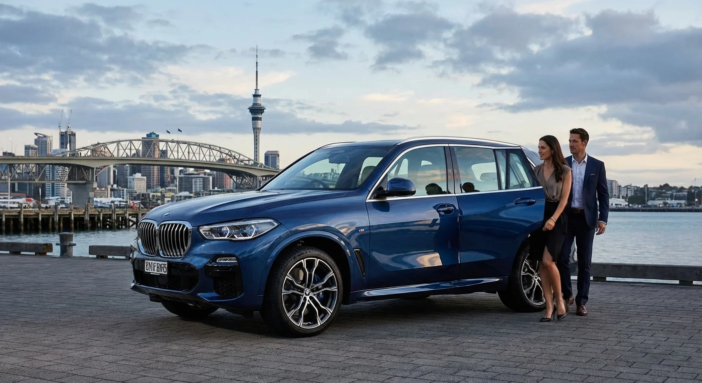 BMW X5 luxury car parked in Auckland CBD with city skyline in background