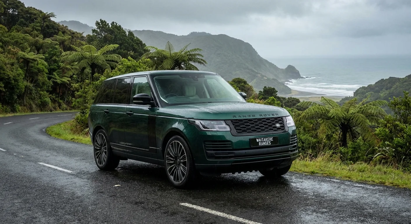 Range Rover luxury car driving through Waitakere Ranges forest in New Zealand