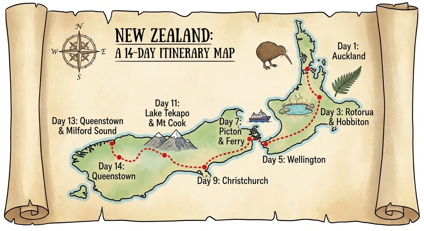Map of New Zealand showing key travel destinations on North and South Islands