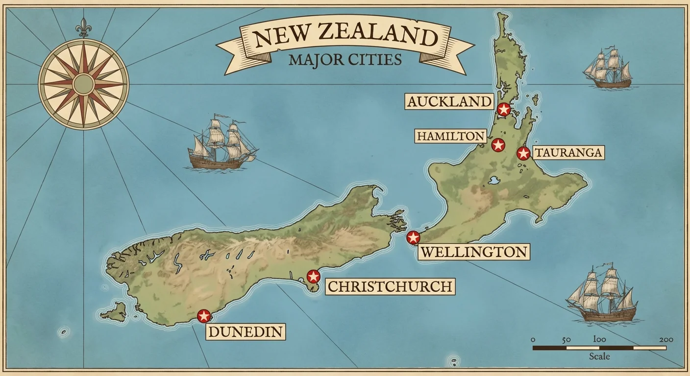 Map of New Zealand highlighting major cities including Auckland, Wellington, Christchurch, Hamilton, Tauranga