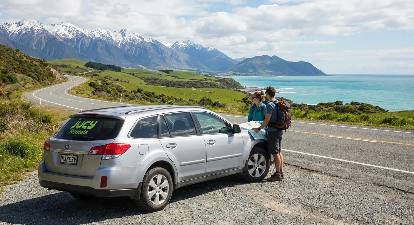 Small rental car on a scenic New Zealand road with mountains and greenery