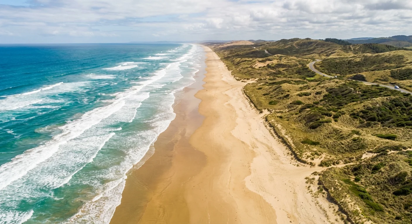 Aerial view of Ninety Mile Beach with golden sands and ocean waves