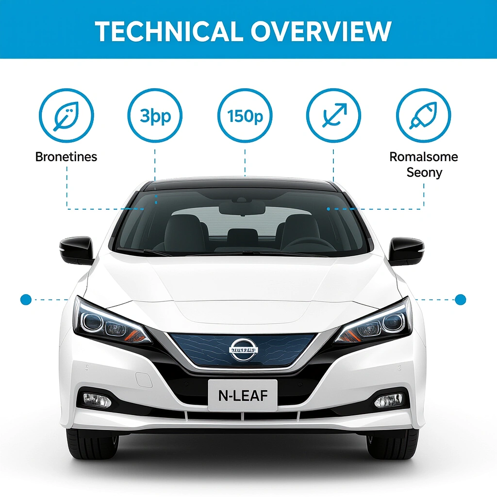 Side view of a Nissan Leaf with open bonnet showing electric motor components