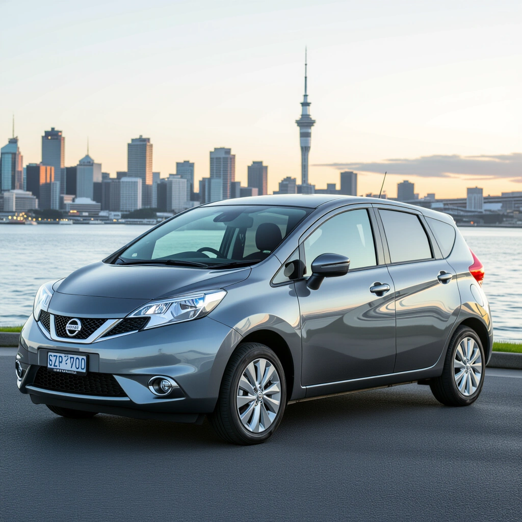 Nissan Note hatchback parked in urban Auckland setting, showcasing compact design and modern features