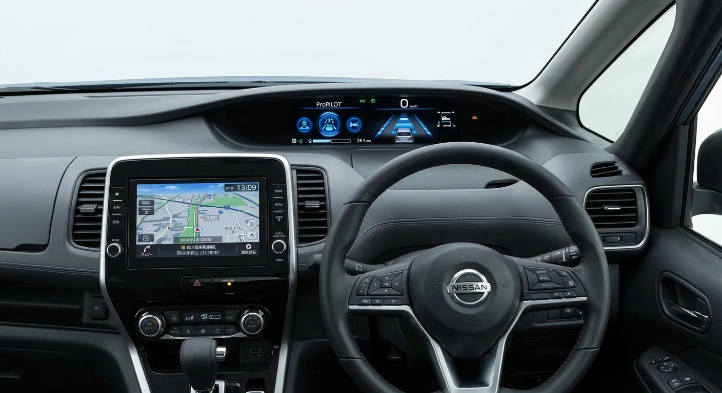Nissan Serena dashboard showing ProPILOT controls and 360-degree camera display
