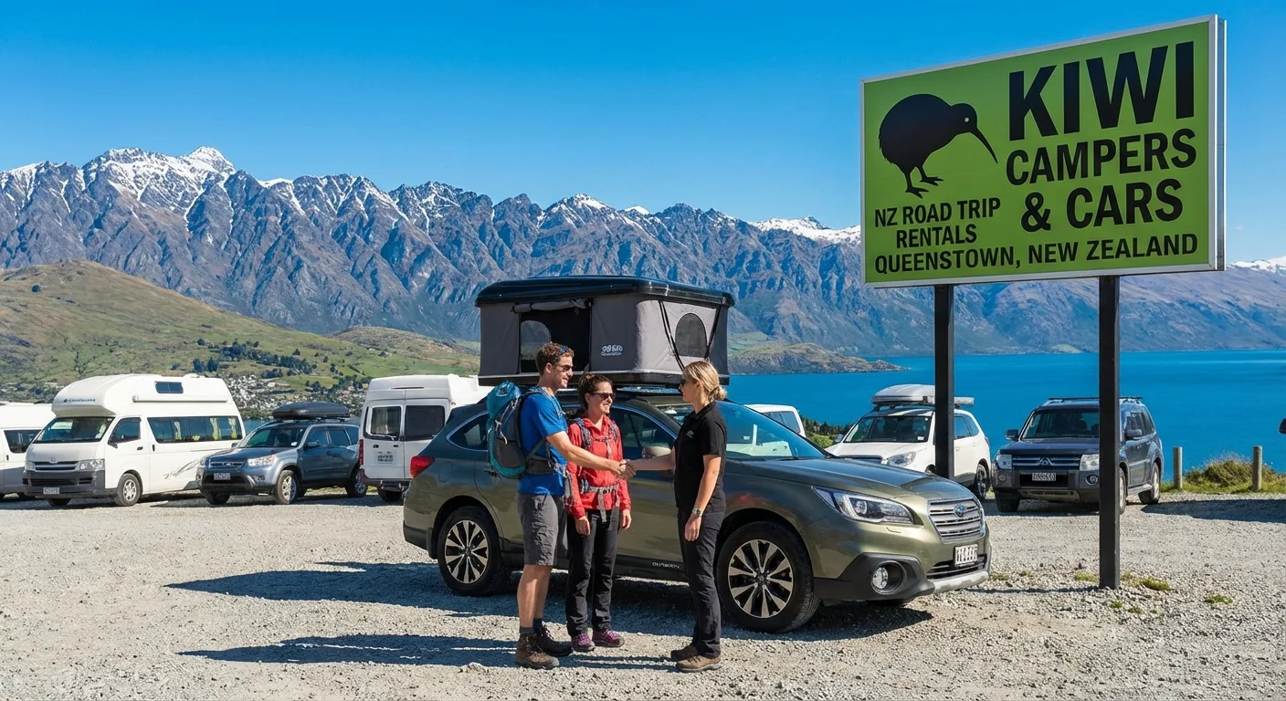 Car rental vehicle driving on a scenic New Zealand road with mountains and lakes