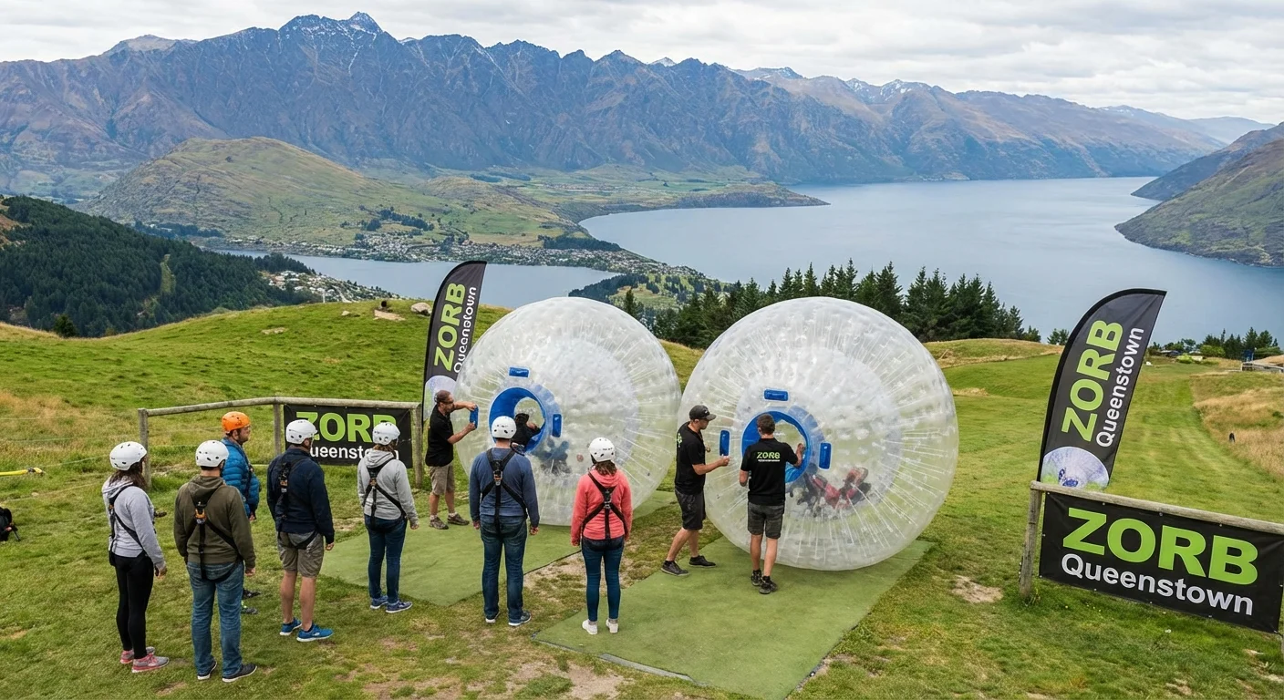 Group preparing for zorbing in Queenstown with helmets and guides