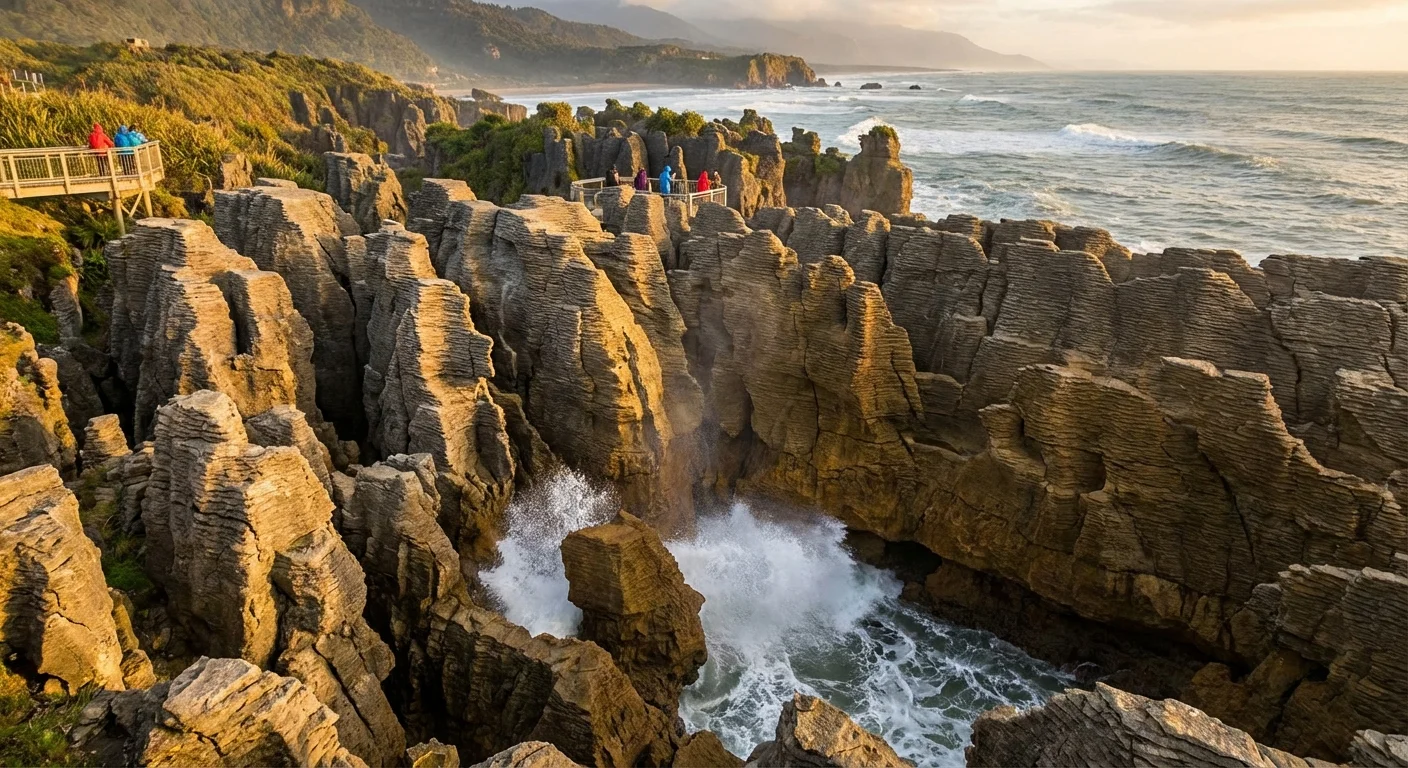 View of Pancake Rocks formations at Punakaiki on the West Coast of New Zealand