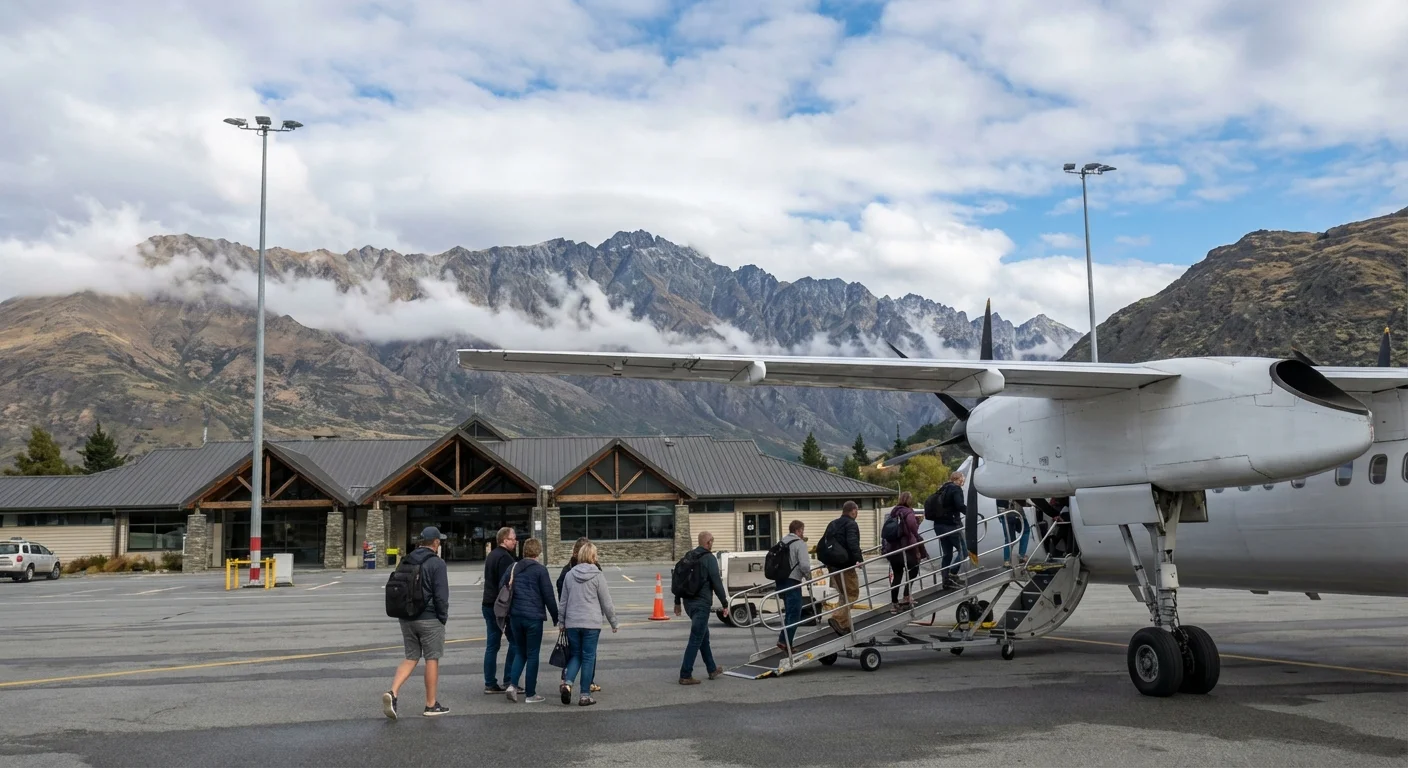 Air New Zealand aircraft at Queenstown Airport preparing for boarding