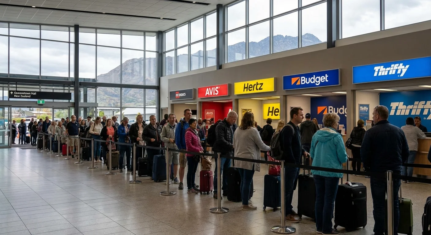 Queue of rental cars ready for pickup at Queenstown Airport