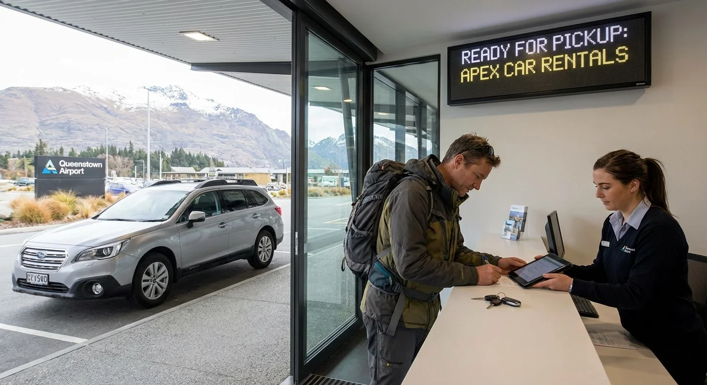 Happy travelers picking up rental car at Queenstown Airport