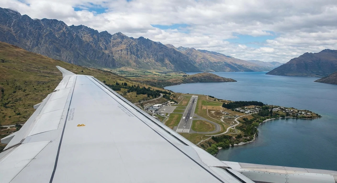 Airplane landing at Queenstown Airport surrounded by mountains