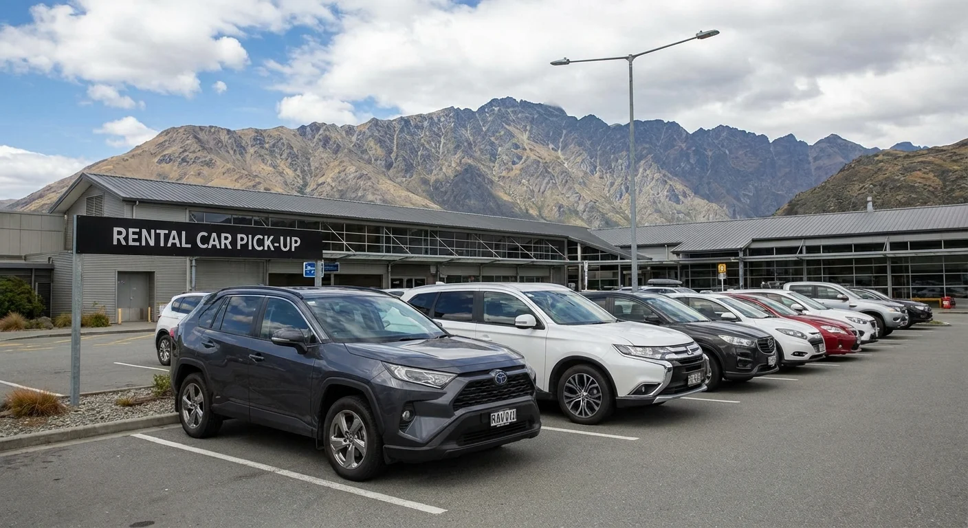 SUV rental cars lined up outside Queenstown Airport