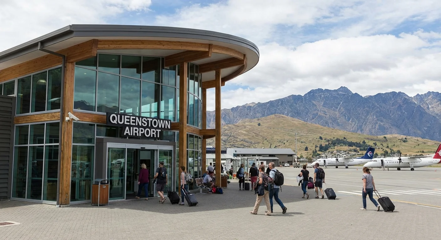 Modern Queenstown Airport terminal building with mountainous backdrop