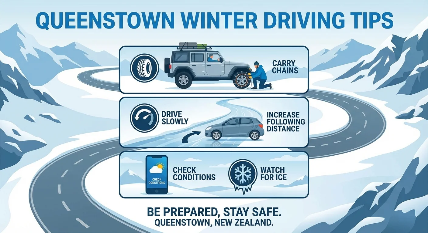 Scenic winter road near Queenstown with snow-covered landscape and gentle curves