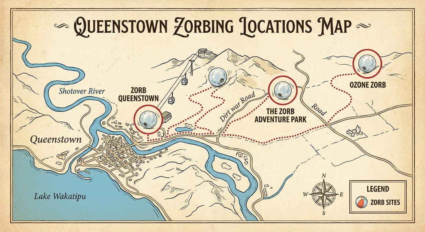 Map showing zorbing locations around Queenstown with distances and scenic highlights