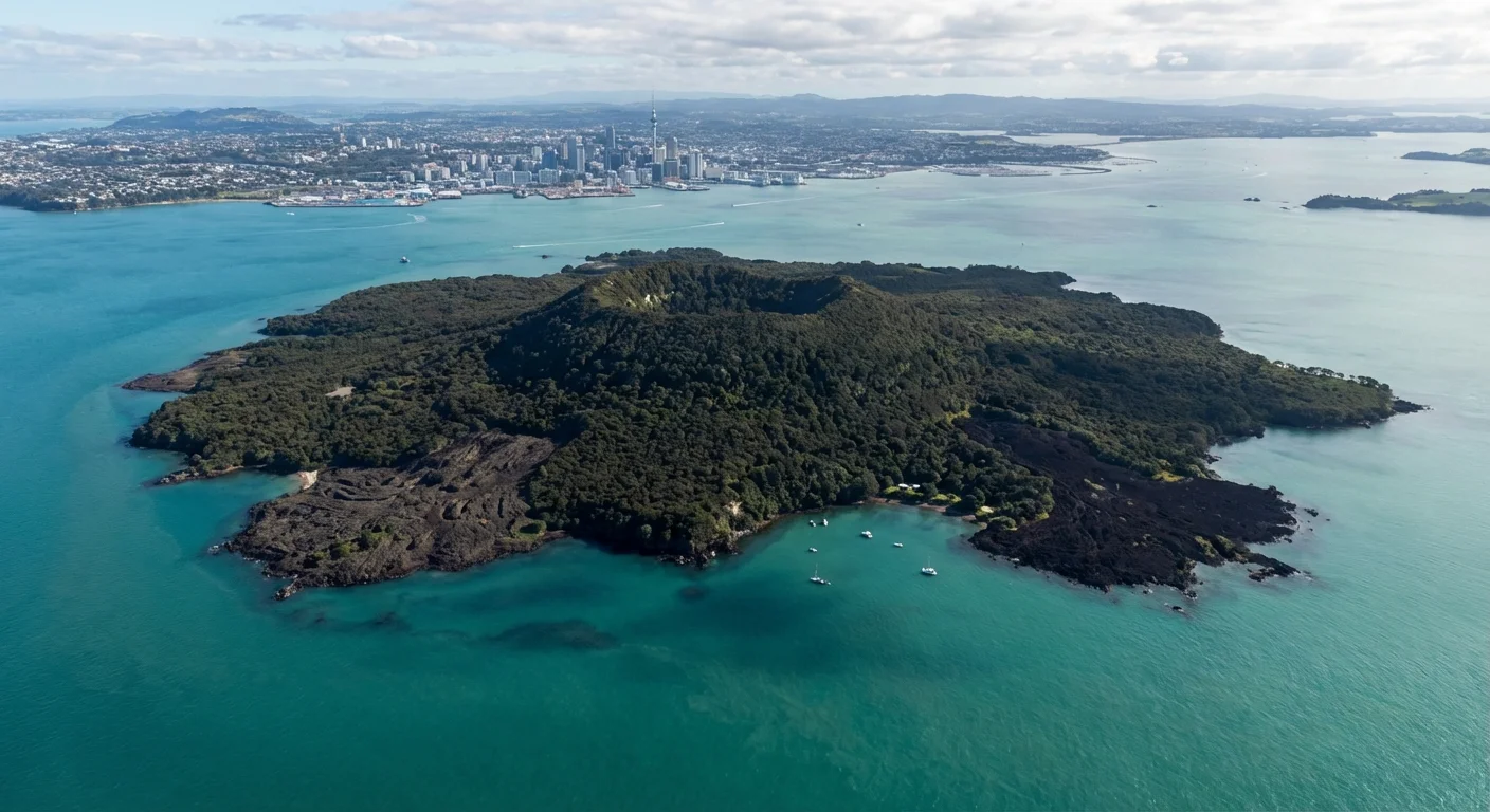 Aerial view of Rangitoto Island, an active volcano near Auckland