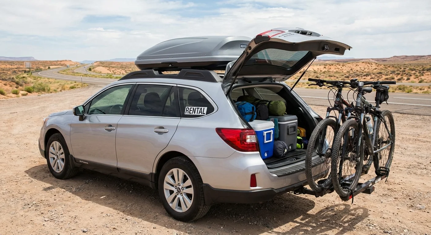 90 Mile Beach NZ: Ultimate Guide to Te-Oneroa-a-Tōhē in Northland 4 Rental 4WD car ready for a trip to 90 Mile Beach parked near Auckland with luggage on roof