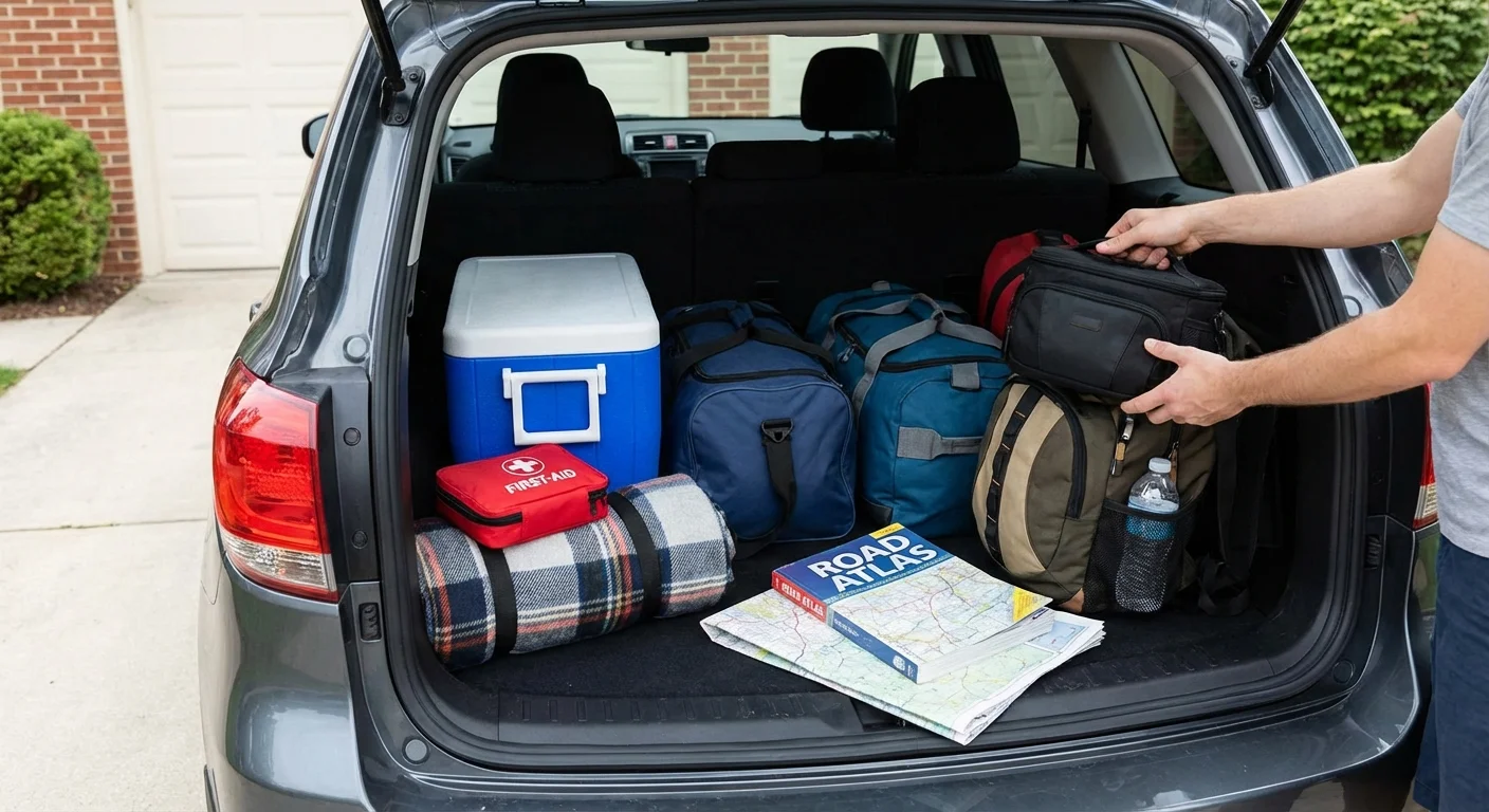 Road trip checklist with map, phone, and documents on wooden table