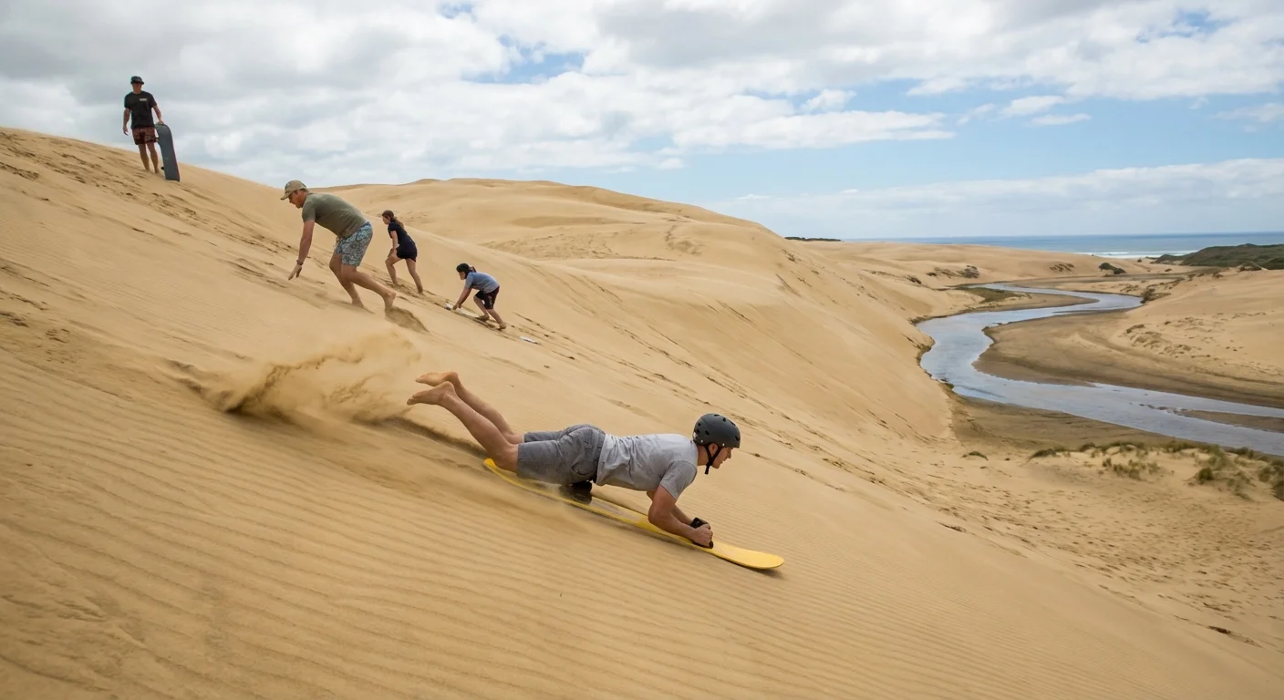 90 Mile Beach NZ: Ultimate Guide to Te-Oneroa-a-Tōhē in Northland 2 Person sandboarding down the golden Te Paki dunes near 90 Mile Beach