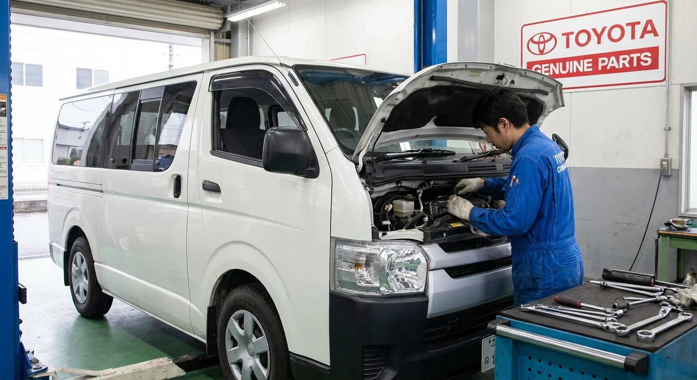 Close-up of Toyota Hiace Commuter engine bay during maintenance