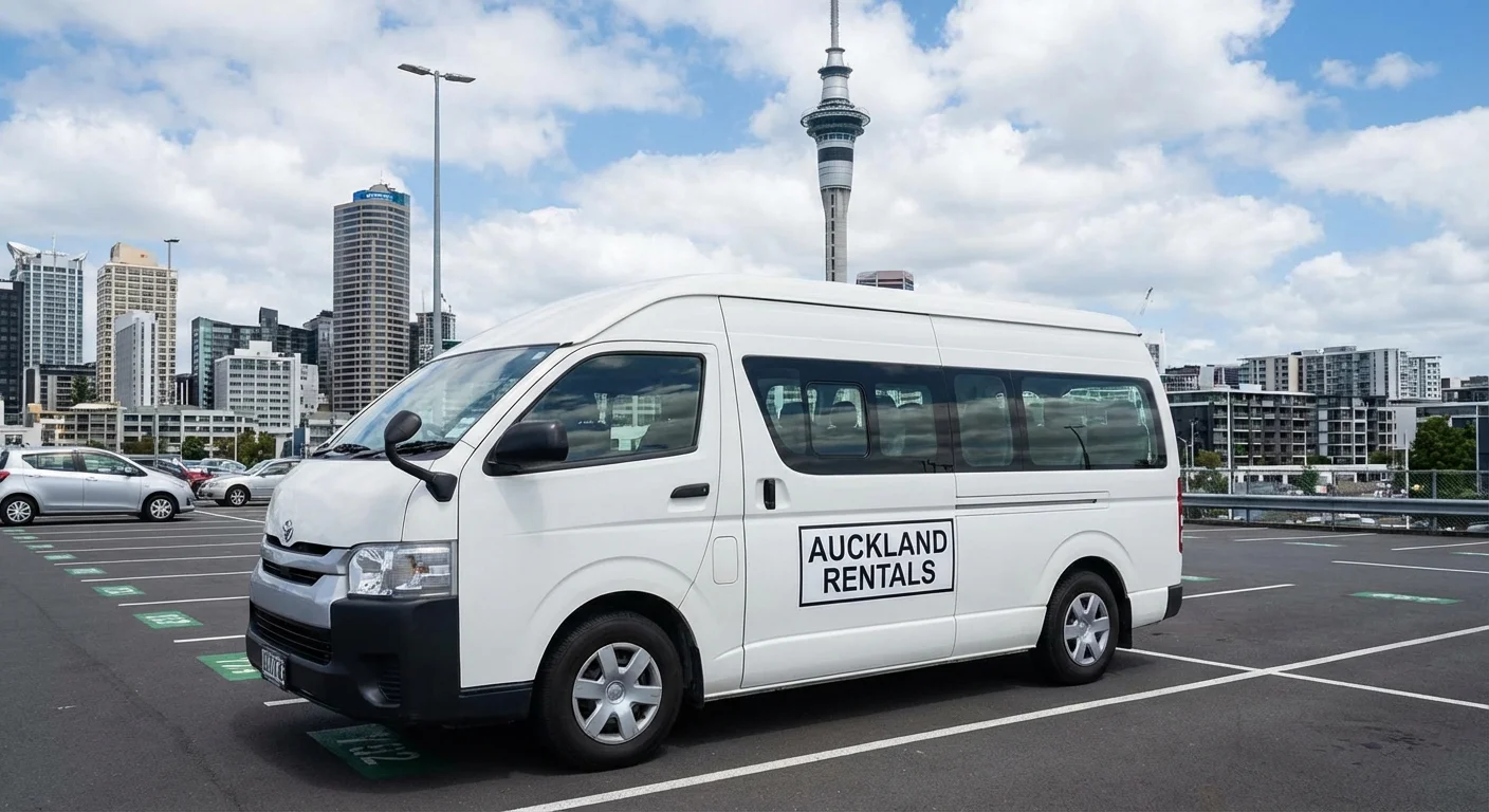 Toyota Hiace Commuter parked outside a rental office in Auckland