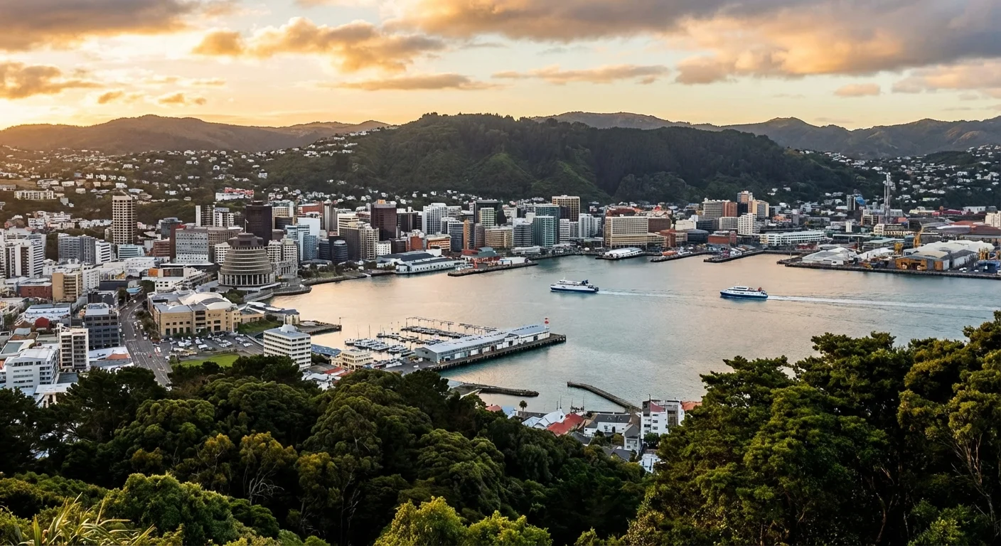 Wellington cityscape showing harbour and hills with colorful buildings