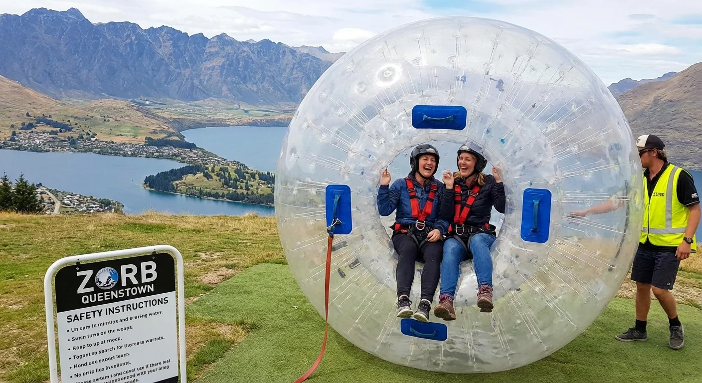 Zorbing participant wearing safety helmet and harness in Queenstown