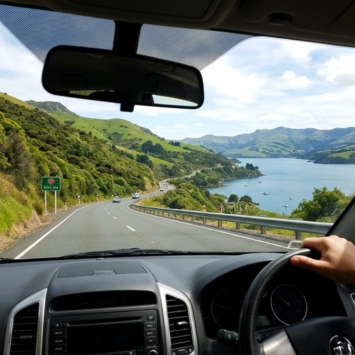 Scenic view of the winding State Highway 75 leading to Akaroa, with hills and harbour in the background