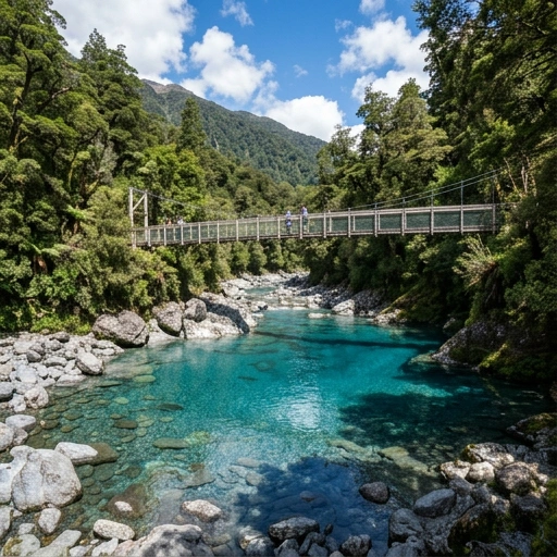 Blue Pools Track with crystal clear water and lush forest near Haast Pass