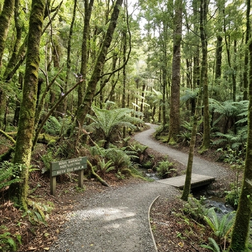 Walking trail through native forest in Brook Waimārama Sanctuary near Nelson