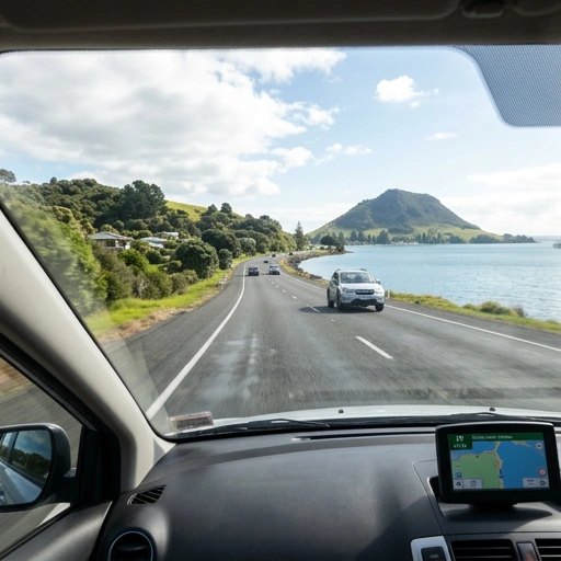 Car driving on an open road with coastal hills in the Bay of Plenty