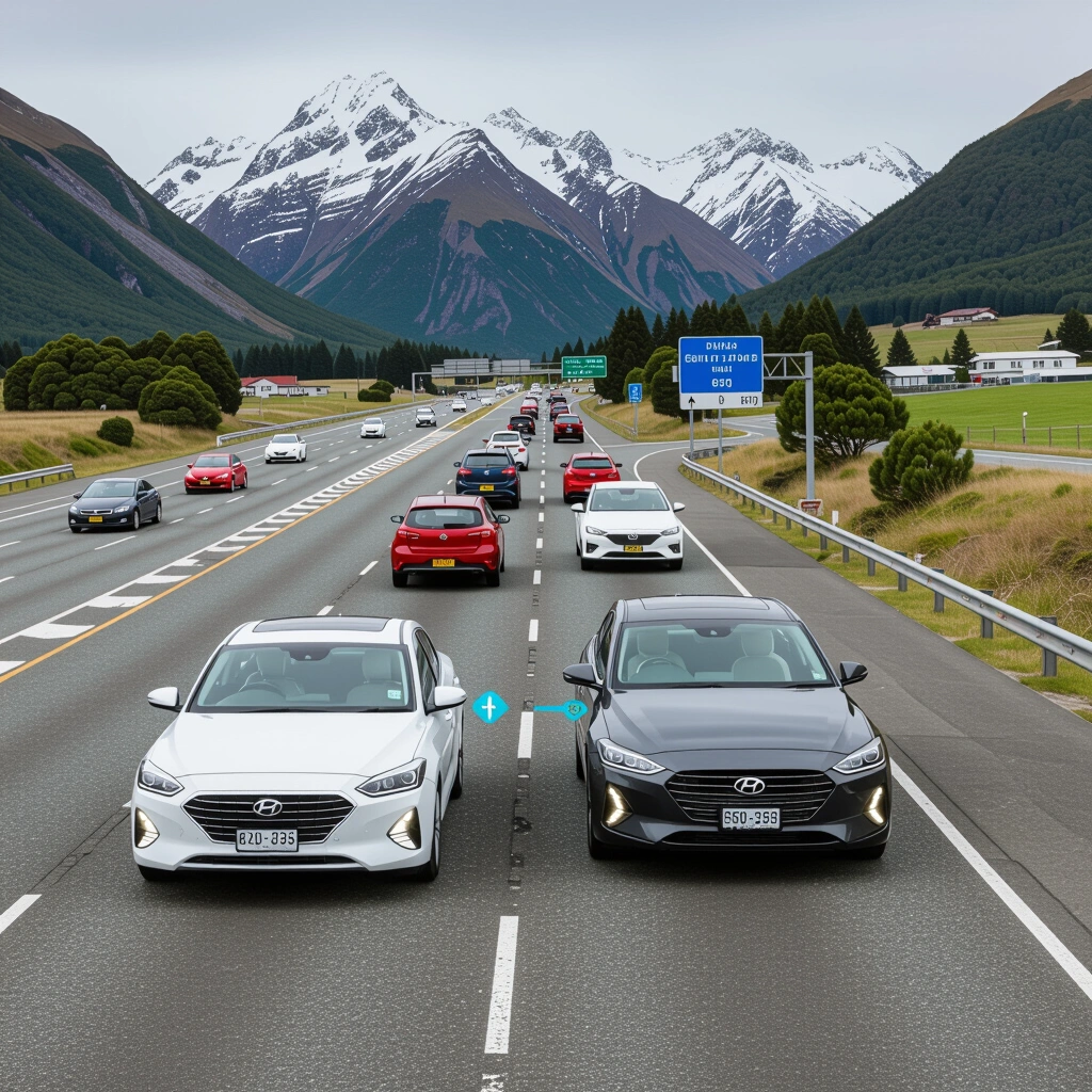 Hybrid car cruising on New Zealand highway SH1
