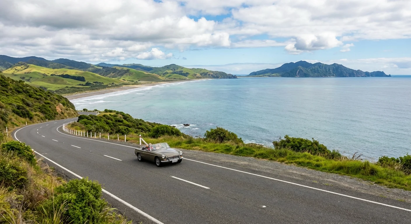 Scenic coastal road along Kapiti Coast with ocean views and native vegetation