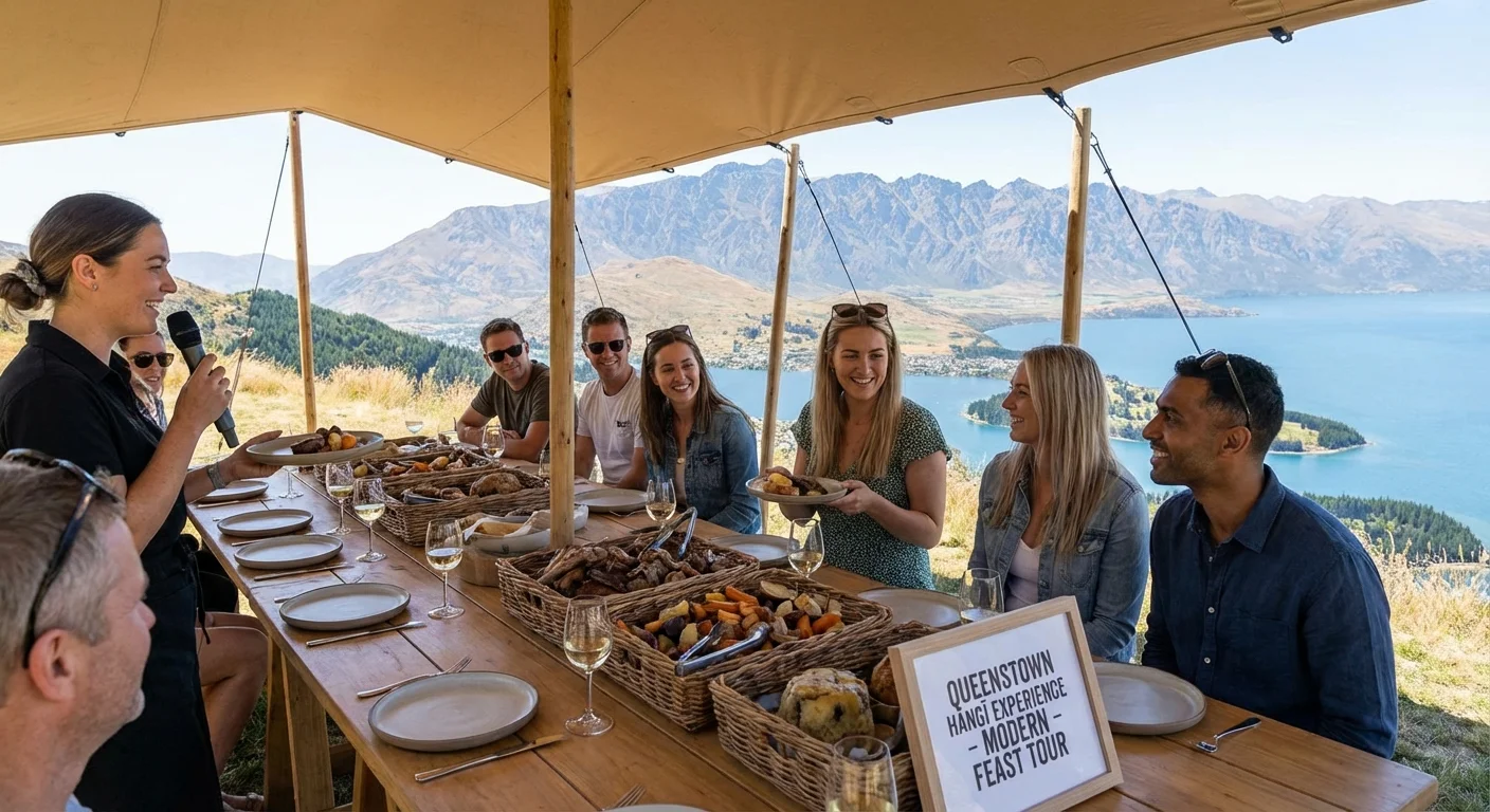 Group enjoying a modern hāngi feast in Queenstown with traditional and contemporary dishes