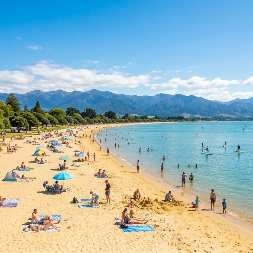People enjoying sunny summer day at Tahunanui Beach in Nelson