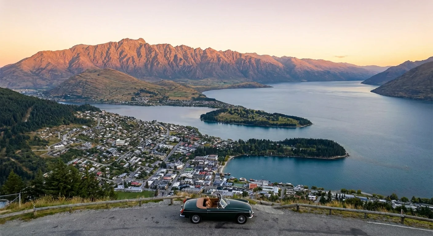 Scenic mountain road between Nelson and Queenstown with clear blue skies and lush greenery