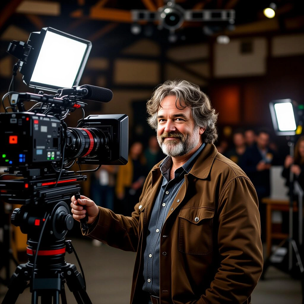 Peter Jackson directing on a scenic New Zealand film set