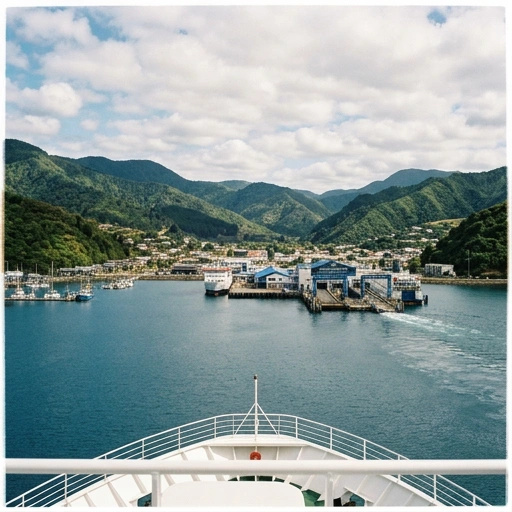 Car ferry approaching Picton harbour with Marlborough Sounds in the background