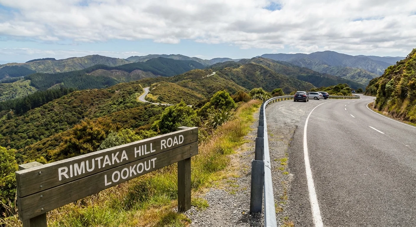 View from Rimutaka Hill Road Lookout with winding road and valley below
