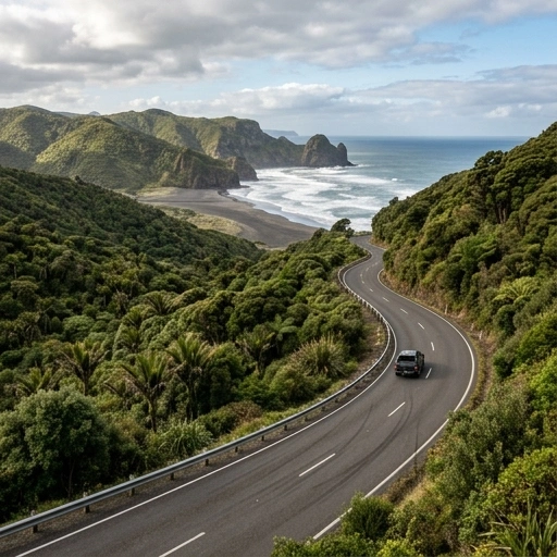 Scenic coastal road leading to Karekare Beach, Auckland Region, New Zealand