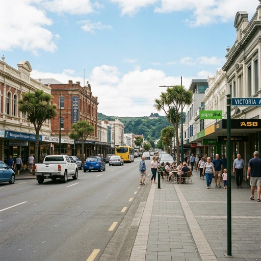 Street view of Whanganui city centre with shops and local life