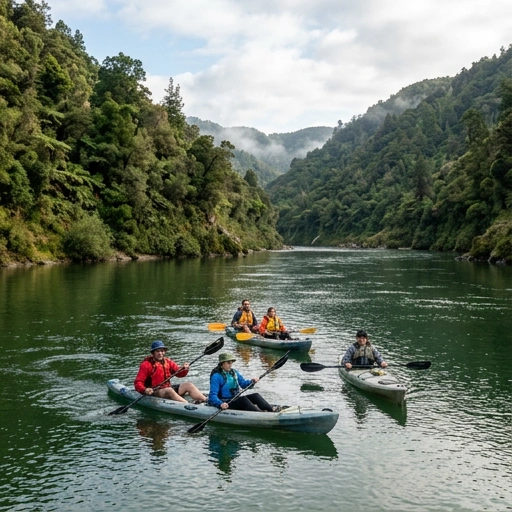 Kayaking on the Whanganui River surrounded by lush native bush