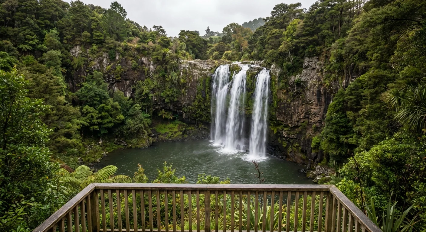 Whangarei Falls cascading over rocks surrounded by lush native forest, New Zealand